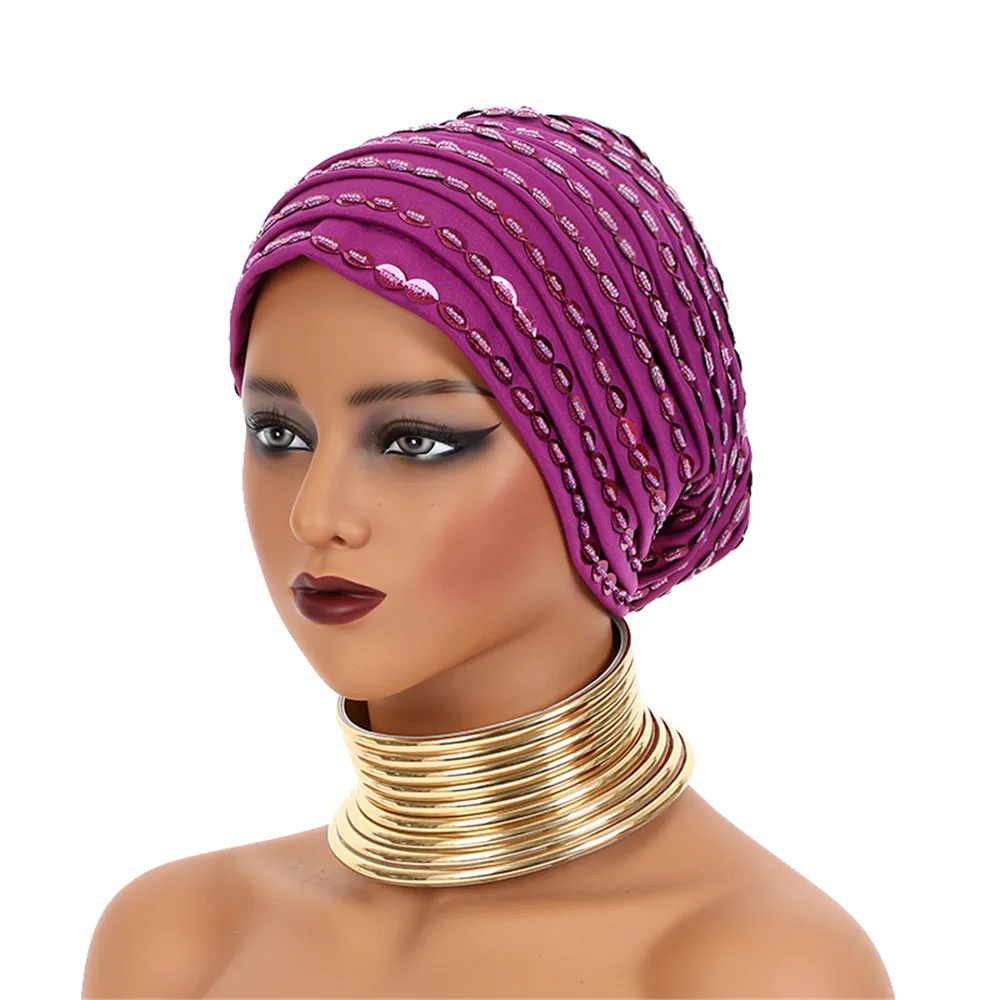 

Beaded Nigeria Gele Ready African Headtie Female Head Wraps Party Headpiece Muslim Headscarf Hat Women's Turban Cap with Stones