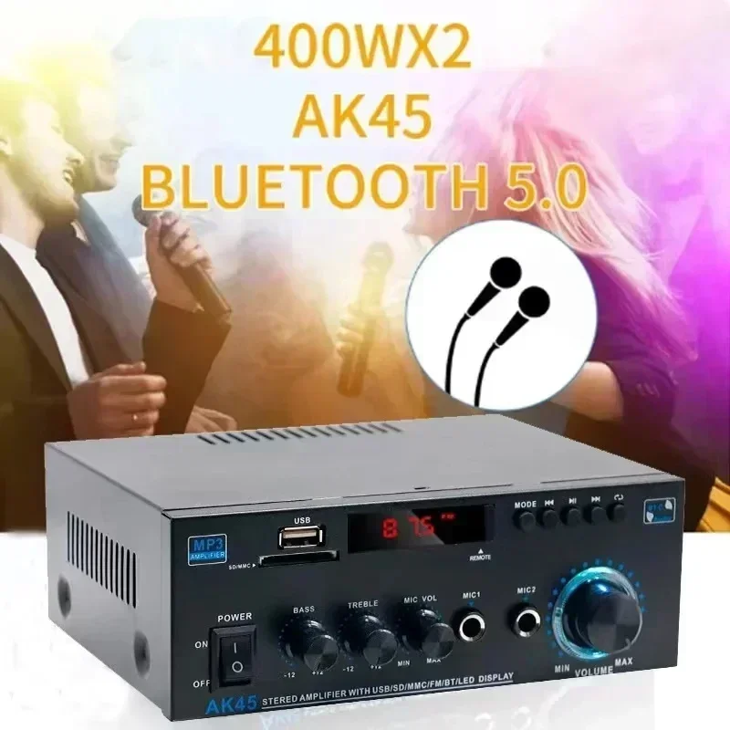 AK45 Bluetooth 5.0 Power Amplifier 2.0CH 60W X 2 Output Max 400W Subwoofer Hi-Fi Audio Amplifier Stereo Receiver