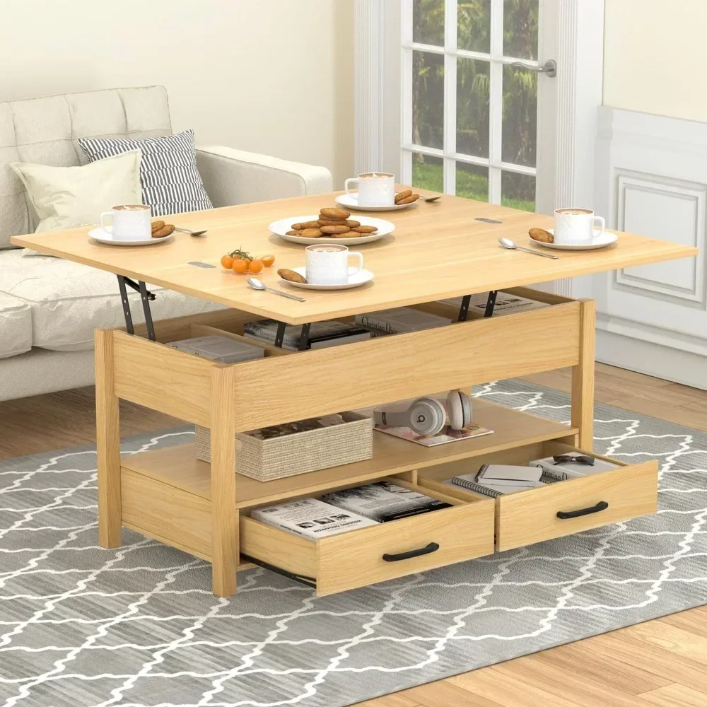3-in-1 Multifunctional Coffee Table with Drawers and Hidden Compartments, Coffee Table Converts to Dining