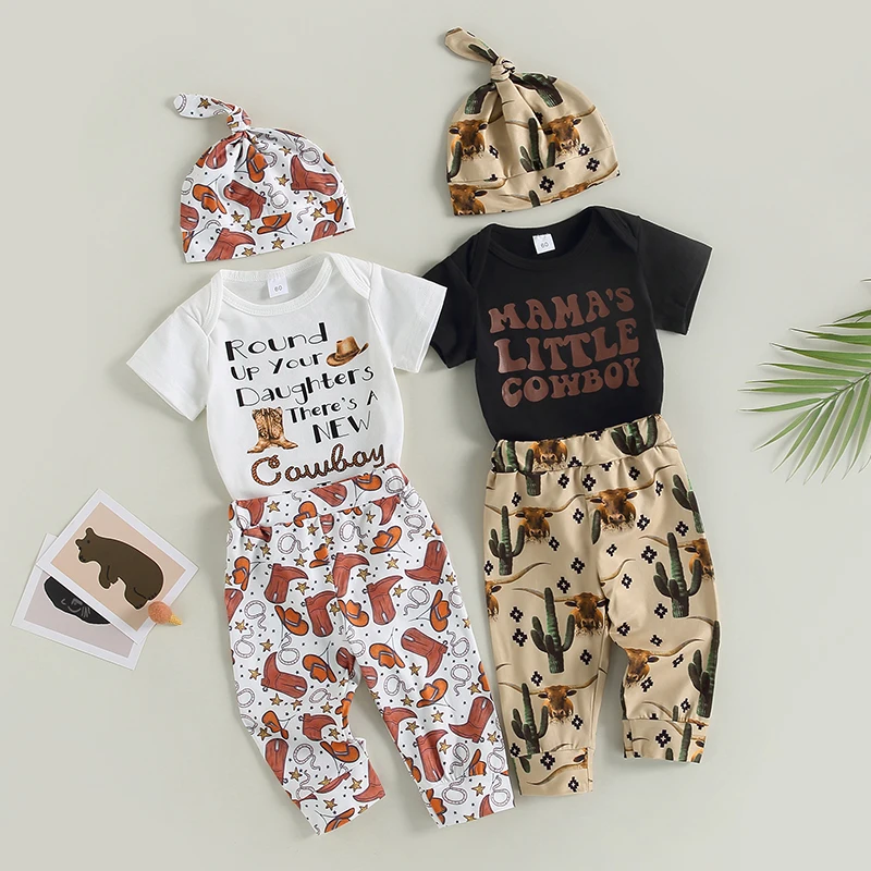 FOCUSNORM 0-18M Infant Boys Summer Clothes Sets 3pcs Letter Print Short Sleeve Romper Cow Head/Boots Pants Hat