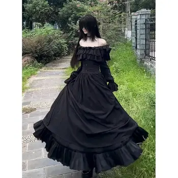 Japanese Gothic Vintage Black Dress Slim Elegant Midi Dress Solid Retro Fashion Party Dress Woman Koran Style Chic 1