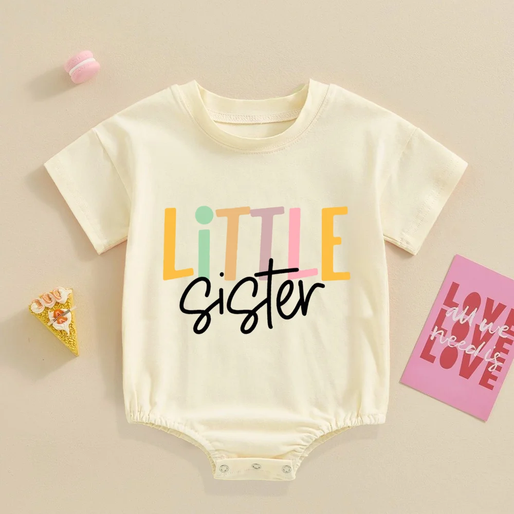 Big Brother Little Sister Print Family Matching Outfit Shirt Retro Sibling Tops Brother Sister T-shirt Baby Large Bubble Romper 6