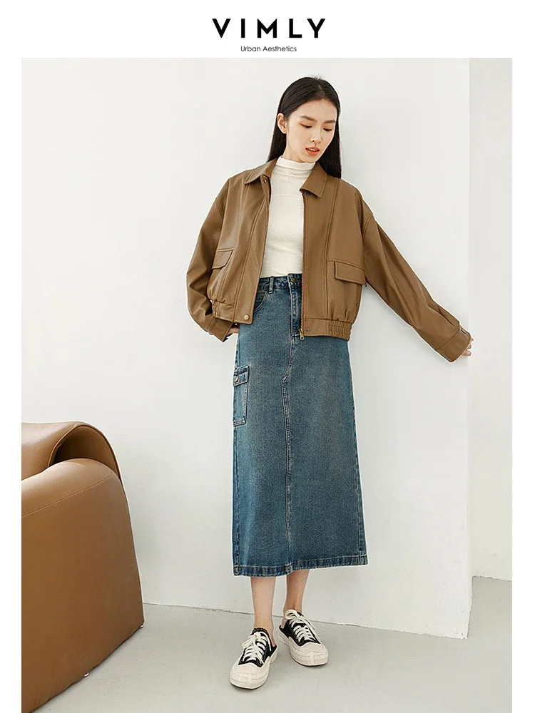 Vimly Cropped Leather Jacket Women 2024 Spring Women's Moto Biker Jacket Loose Long Sleeve Zip Short Coat Female Clothes 16153