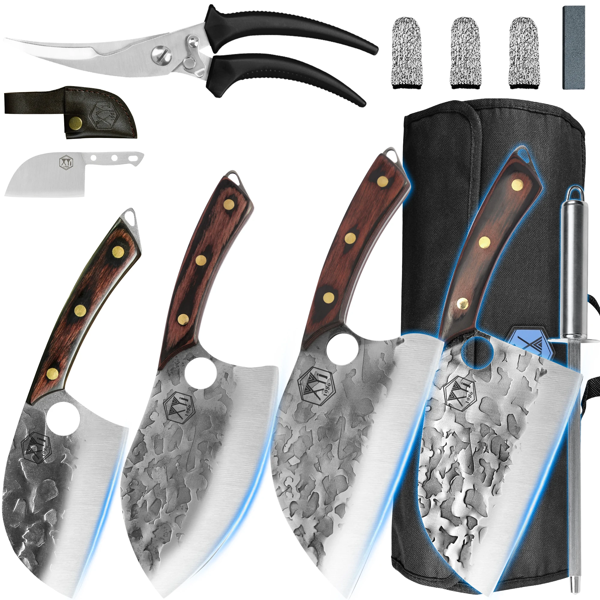 

XYj Large Chop Knife Set 4Pcs Kitchen Cooking Knives Kit Chefs Bag Honing Steel Kitchen Scissors Whetstone Serbian Butcher Knife