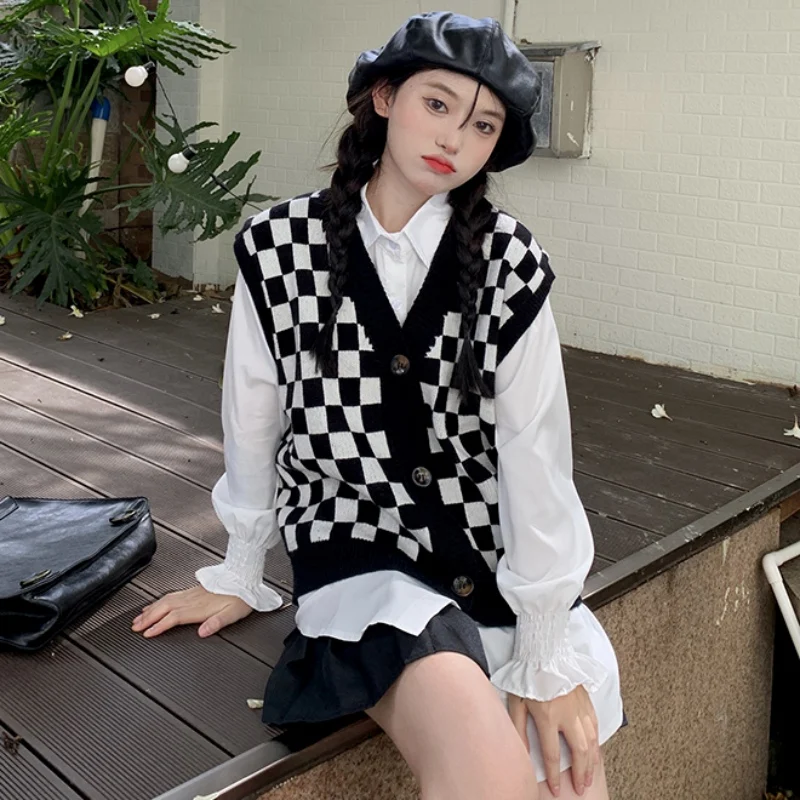 

Checkerboard Plaid Oversize Sweater Vest Vintage Streetwear Harajuku Women Korean Style V-neck Jumper Female Black Tops