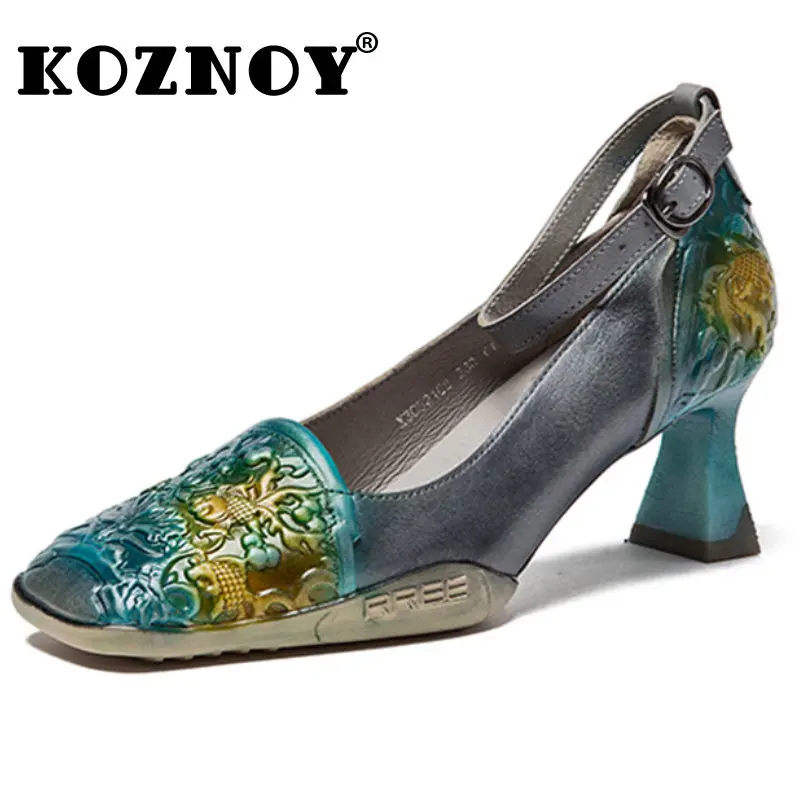 

Koznoy Moccasin Woman 5.5cm Cow Genuine Leather Summer Shoes with Heels Females Slip on Embossed Fish Round Toe Ladies Moccasins
