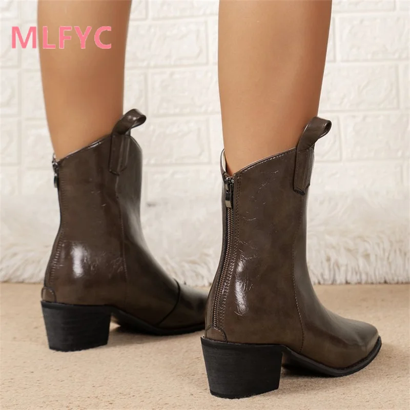 New Winter European American Pointed Retro Coarse Heel Boots Feminine Style Simple Large Short Boots Cowboy Boots for Women