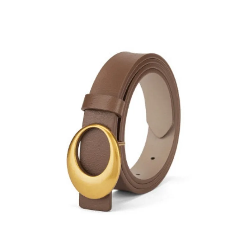 

Fashionable Cowhide Female Belts Vintage Style Oval Gold Button Caramel Color High Quality Casual Denim Waistband