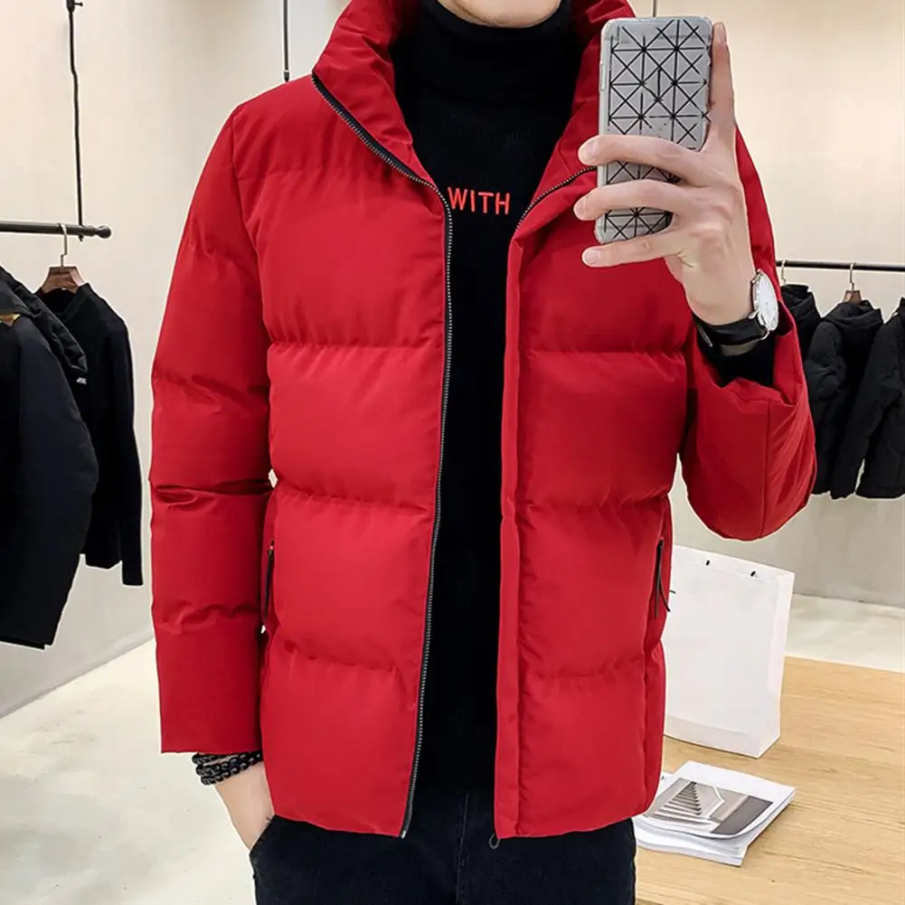 

Men Parkas Coldproof Cotton Padded Men Coat Solid Color Stand Collar Jacket Letter Embroidery Fluffy Filling Outwear