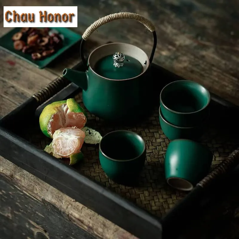 2pcs/set Japanese Style Turquoise Coarse Ceramic Tea Cup Master Cup Household Puer Kung Fu Tea Set Tea Ceremony Accessories 45ml