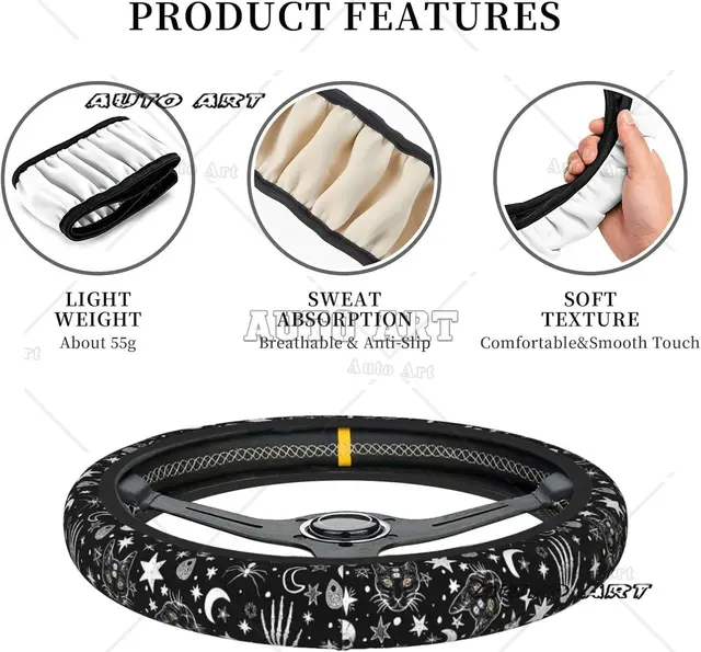 Skeleton Cat Pattern Steering Wheel Cover Non-Slip Auto Steering Wheel Protector Car Accessories Universal Fit 15 Inches 4