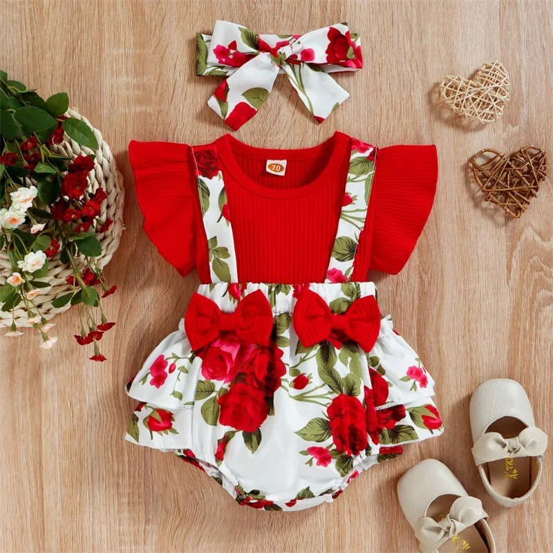 

0-18M Baby Girls Outfits Set Fake 2 Piece Suspender Bowknot Patchwork Donut/Flower Printed Ruffle Triangle Romper with Headband