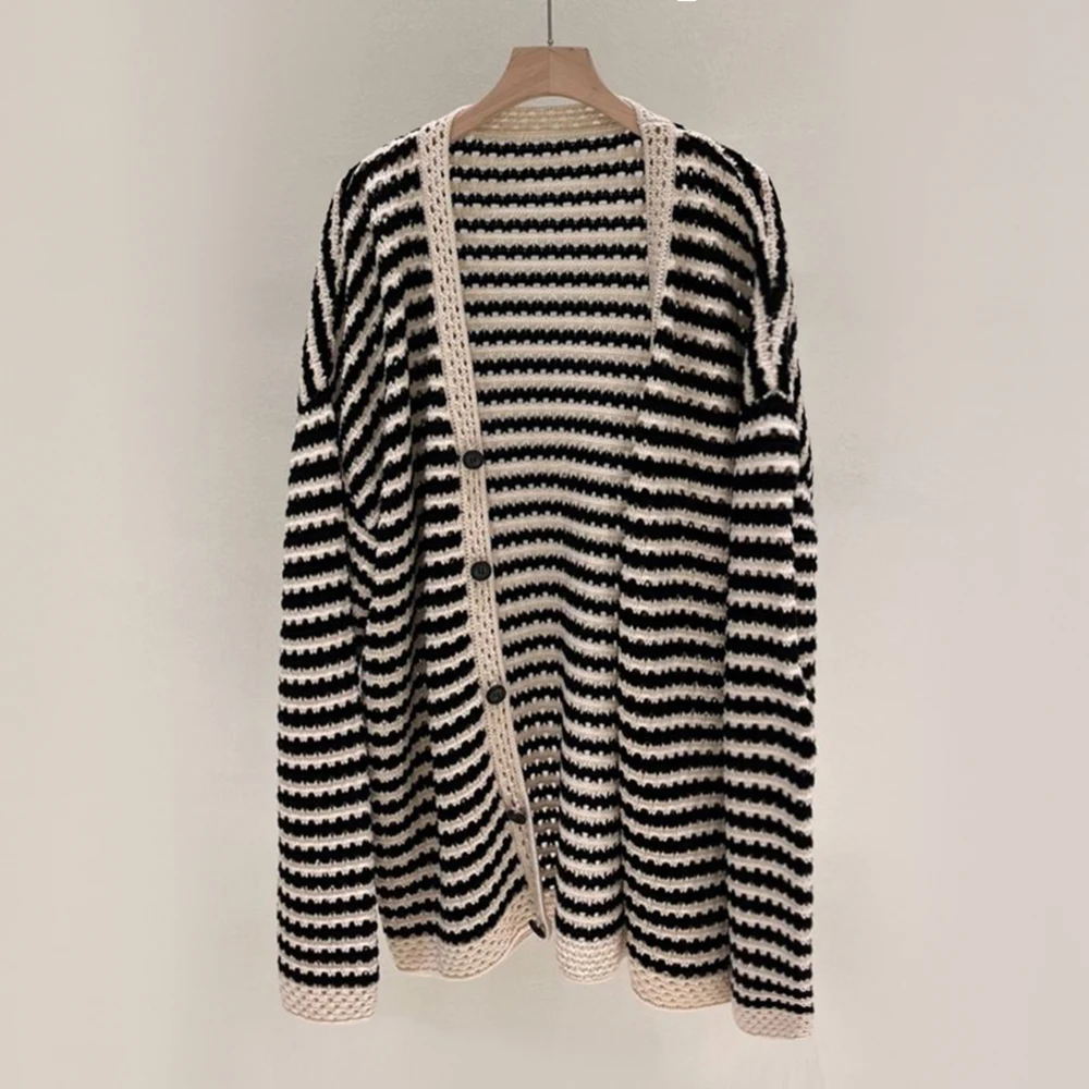 Mens Black White Striped Hollow Casual Thin Knitted Tops Genderless Fashionable Comfortable Cardigan Long Sleeve Shirt Unisex