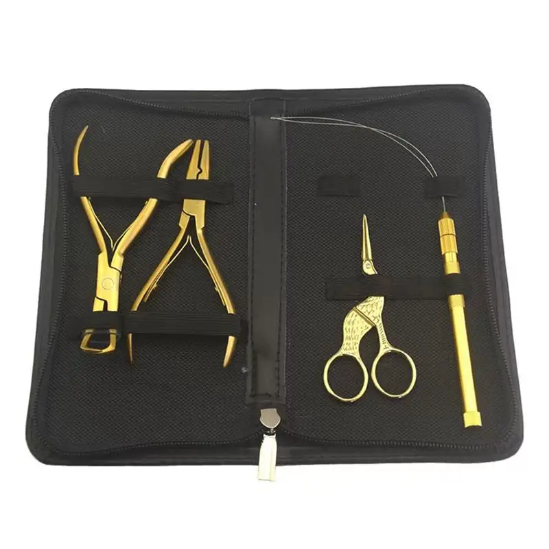 Black Salon Hair Extension Tools Kit with Opener Closer Pliers Loop and Crane Scissors
