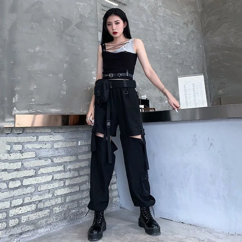 Korean Detachable Y2k Pants Casual Loose Solid High Waist Patchwork Hollow Out Pantalones 2022 Draw String Punk Wide Leg Pant 6