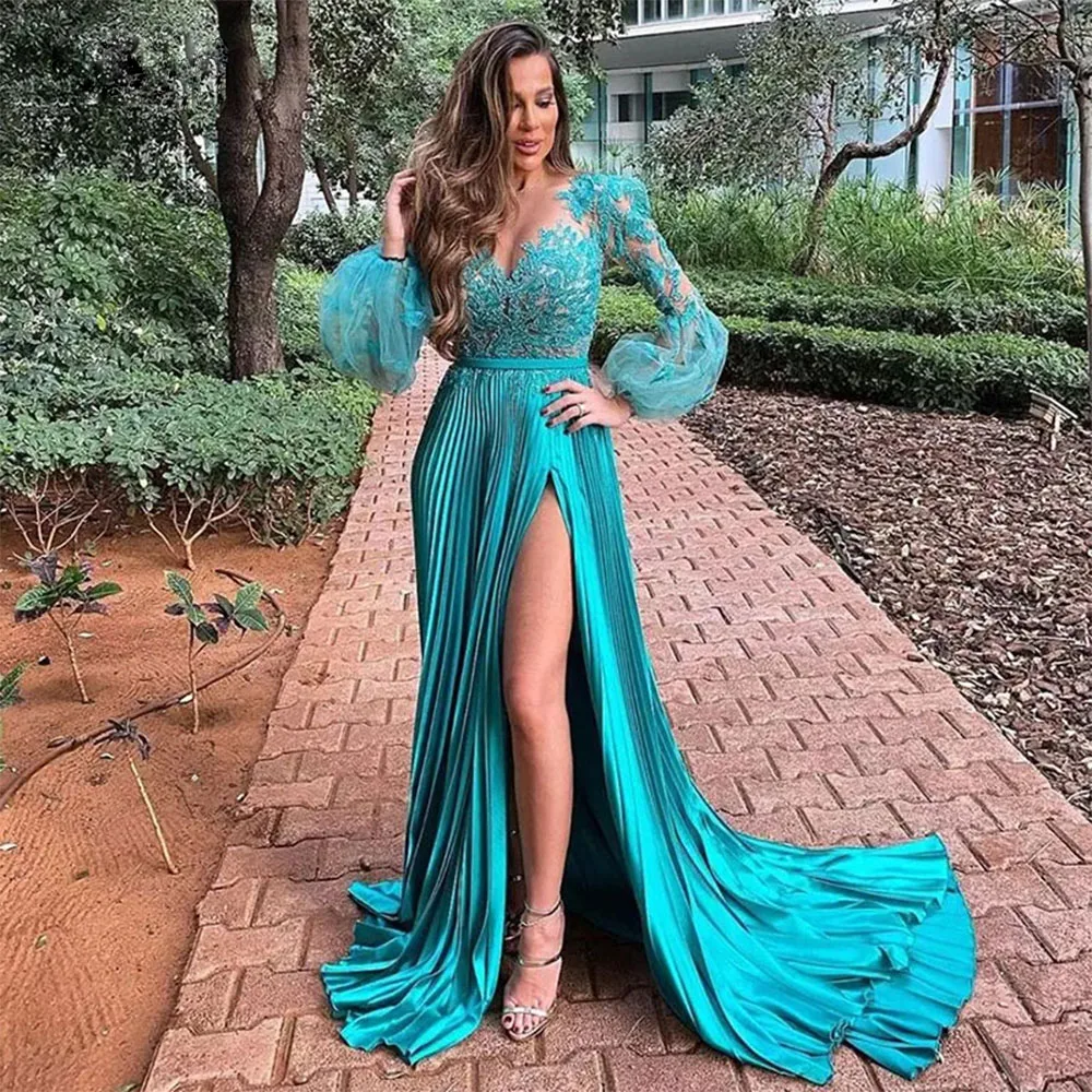 

Elegant Lace Appliques Evening Dresses Scoop A-Line Pleats High Side Split Long Sleeves Sexy Prom Party Gown for Graduation