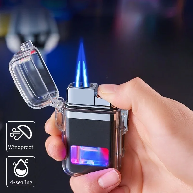 

New Outdoor Windproof Clear Gas Window Butane Gas Metal Lighter Turbo Torch Double Flame Blue Flame Lighter Men's Gadget
