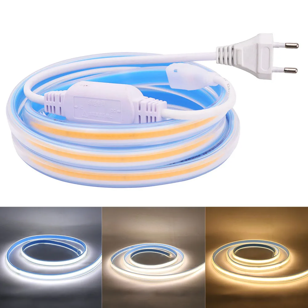 

IP67 AC 220V COB Strip Waterproof 280Leds/M Natural/Warm/Cool White Home Decor Flexible Ribbon Tape LED Strip With EU Plug
