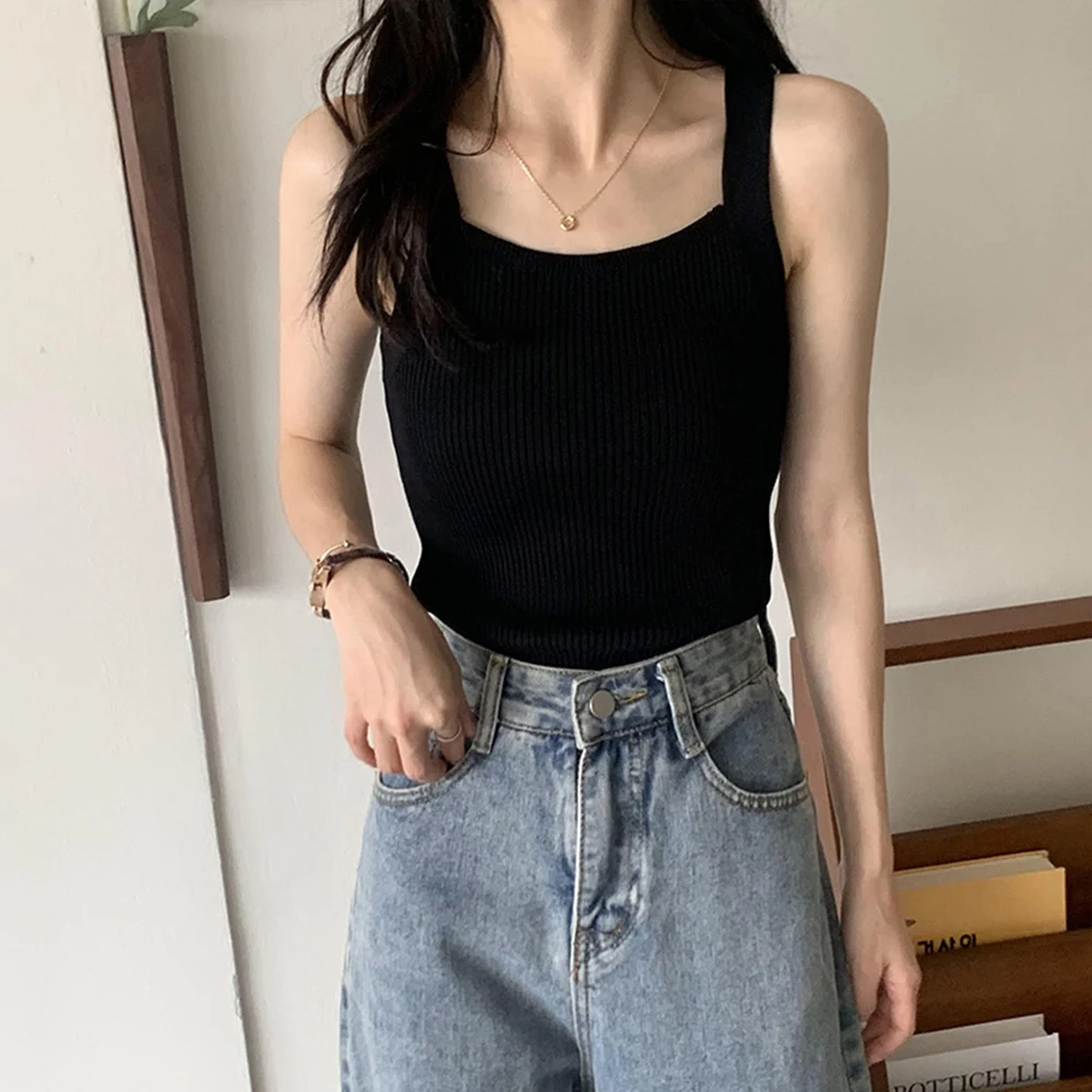 

2024 Summer Crop Tops Strapy Casual Camis Sleeveless Tank Tops T-Shirt Cute Tops Plain Camis Square Tops For Women Knitted Vests
