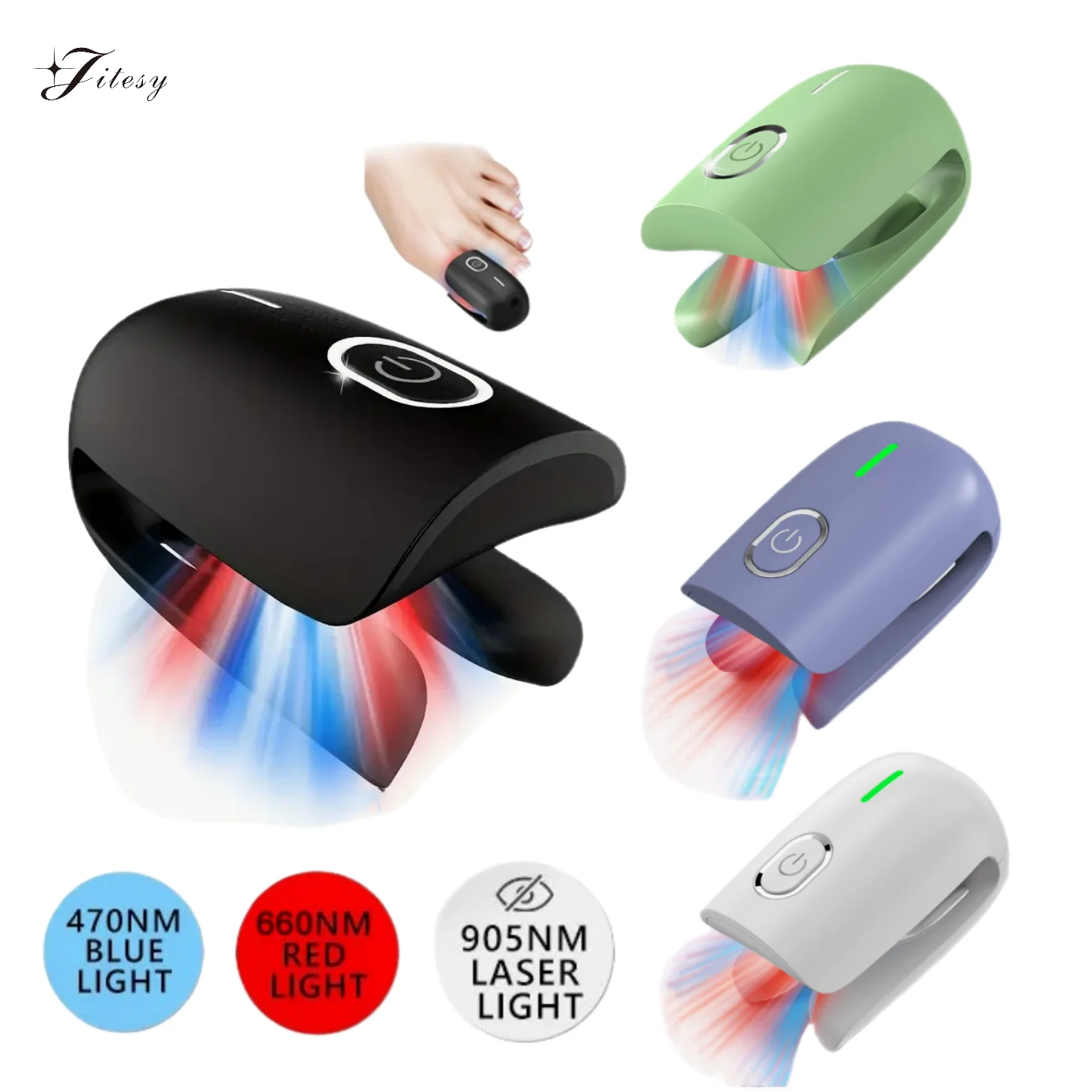 Dispositivo a laser para fungos com luz azul de 470 nm, luz vermelha de 660 nm e luz invisível superpulsada de 905 nm para remoção e reparação inteligentes de unhas com fungos._voghion.com