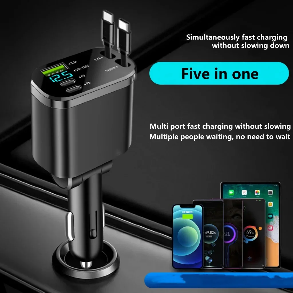 Black Aluminum Fast Car Charger with Dual Type C and 5 USB Ports