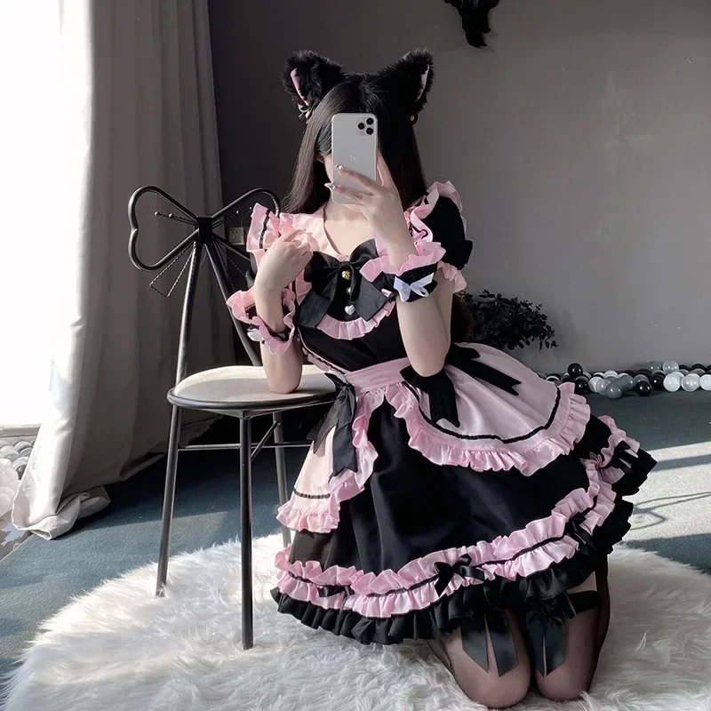 Sweet Black and Pink Maid Costume Cos Costume Lolita Soft Girl Dress Anime Heavy Industry Maid Lolita Short Skirt