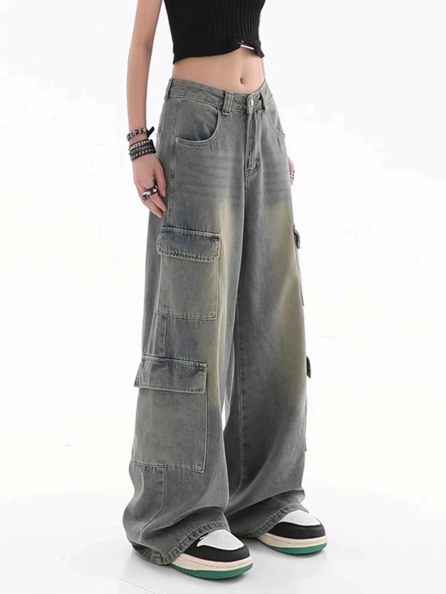 

Джинсы-карго женские с завышенной талией, мешковатые штаны с широкими штанинами, винтажные брюки в уличном стиле, голубые джинсовые штаны до пола, Y2K, осень