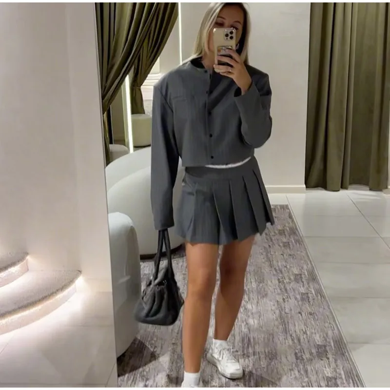 Striped Short Jackets Skirts Set Women Casual Long Sleeve Suit Coat Mini Skirt Sets Female Elegant Chic Gray Outfits Streetwear