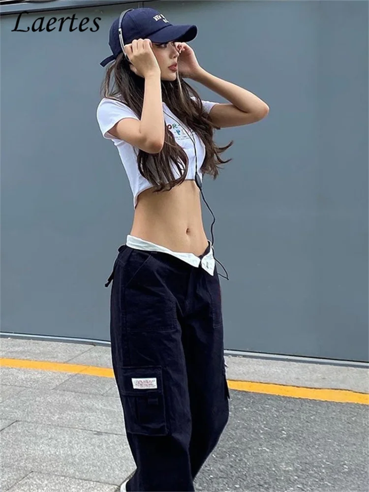 Laertes Casual BaggyHigh Waist Straight Slim Fit Pants Retro Overalls Hip  Hop Streetwear 2022 New Y2K Navy Blue Cargo Pant - AliExpress