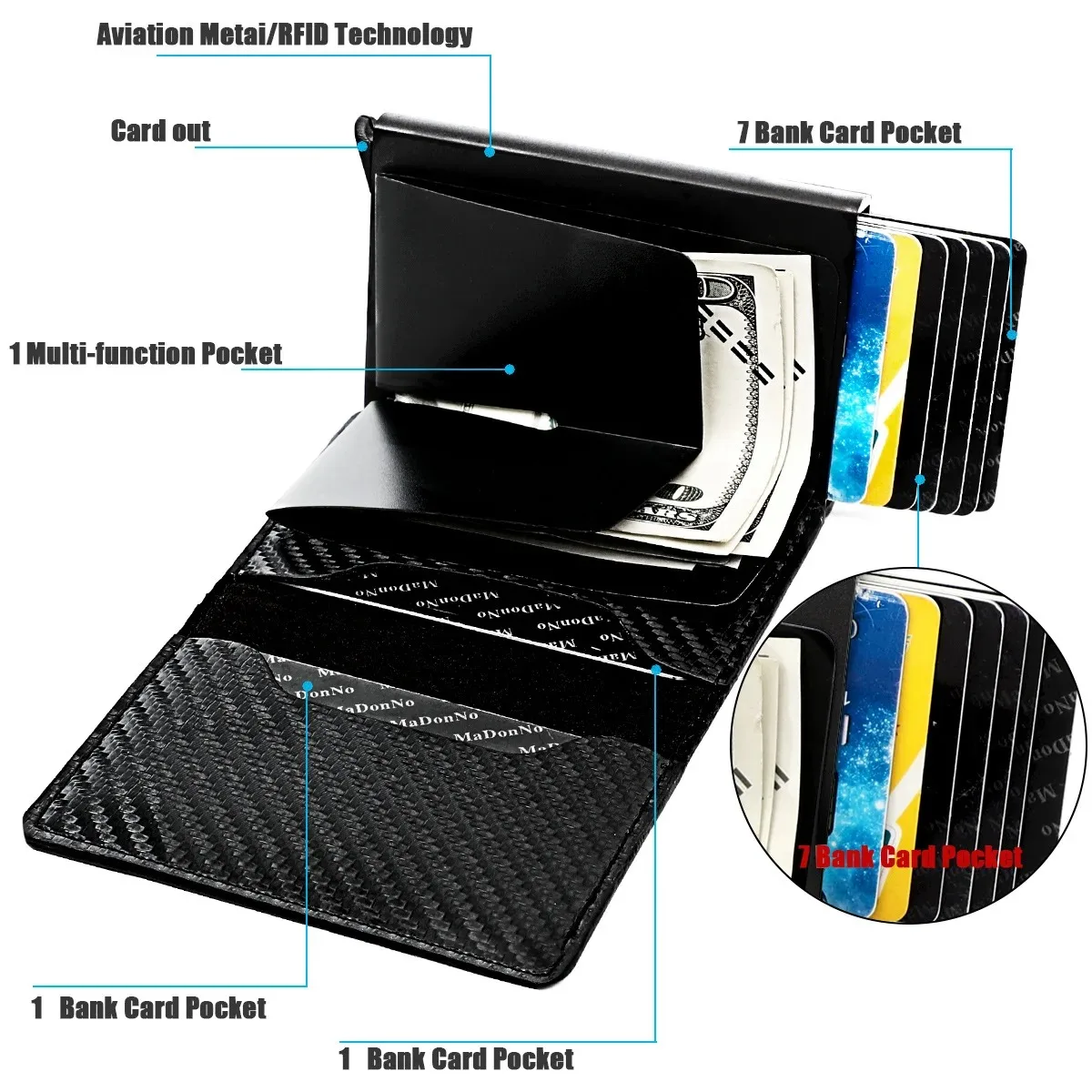 Credit Card Holder Carbon fiber Aluminum Case RFID PU Leather Pop Up Case Coin Purse