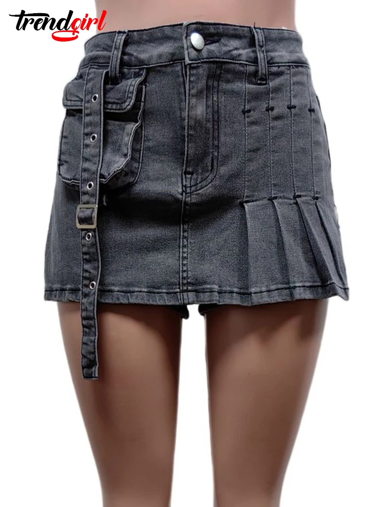 Trendgirl Vintage Denim Shorts Skirts Women‘s Summer Fashion High Waist Ruffle A-line Slim Cute Mini Stretch Jean Pants Female