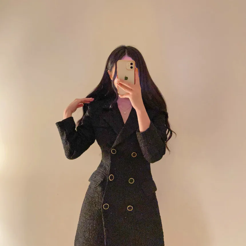 Autumn Winter Elegant Tweed Blazer Dress Double Breasted Slim Short Dresses for Women Korean Fashion Office Lady Coat Dress New