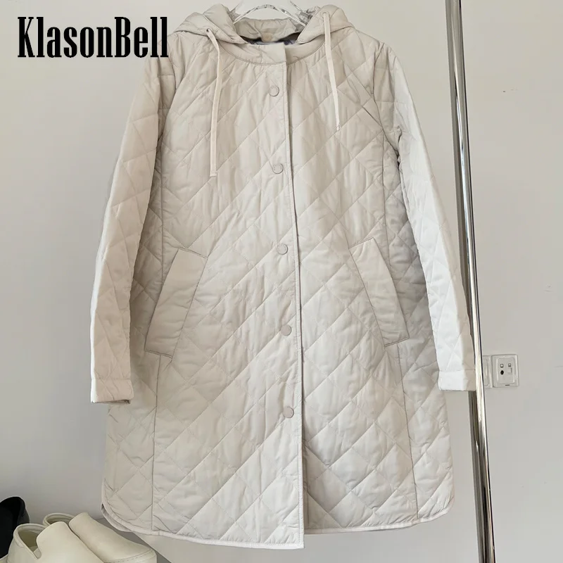 

11.27 KlasonBell Hooded Keep Warm Argyle Plaid Quilted Loose Parkas Women Hat Detachable Design Midi Single Breasted Coat