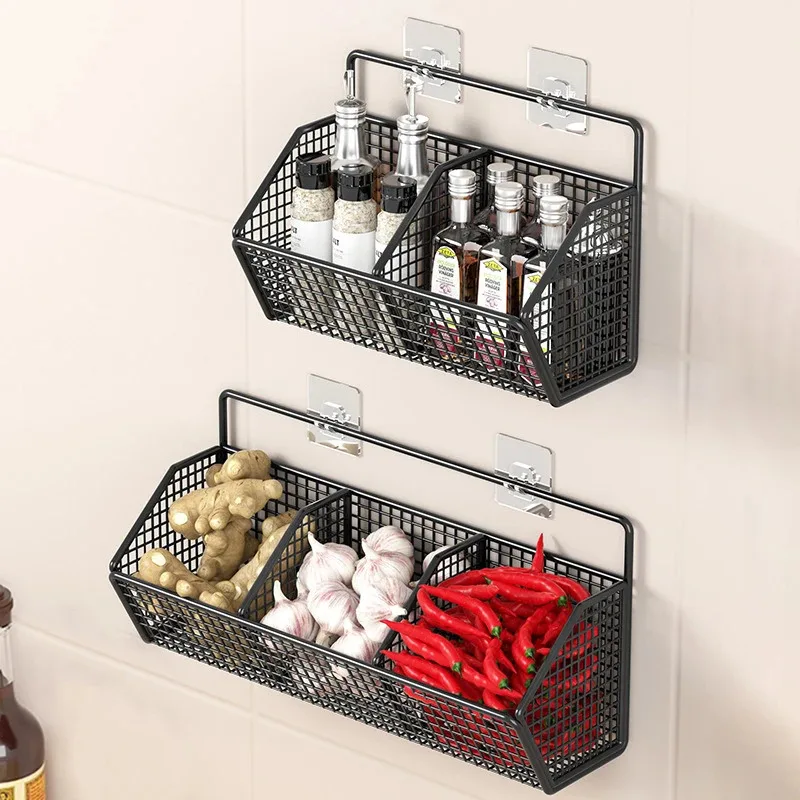 Kitchen Wall Mounted Storage Rack Onion Ginger Garlic Condiments Spice Kitchen Shelf Punch-Free Vegetable Fruit Drain Basket
