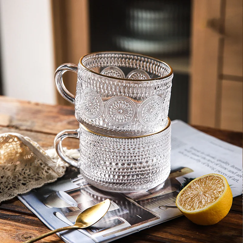 Tasse à café transparente en verre gaufré de style nordique, perle de  tournesol, lait et thé, clics froids, jus et ligne dorée, standard et rétro