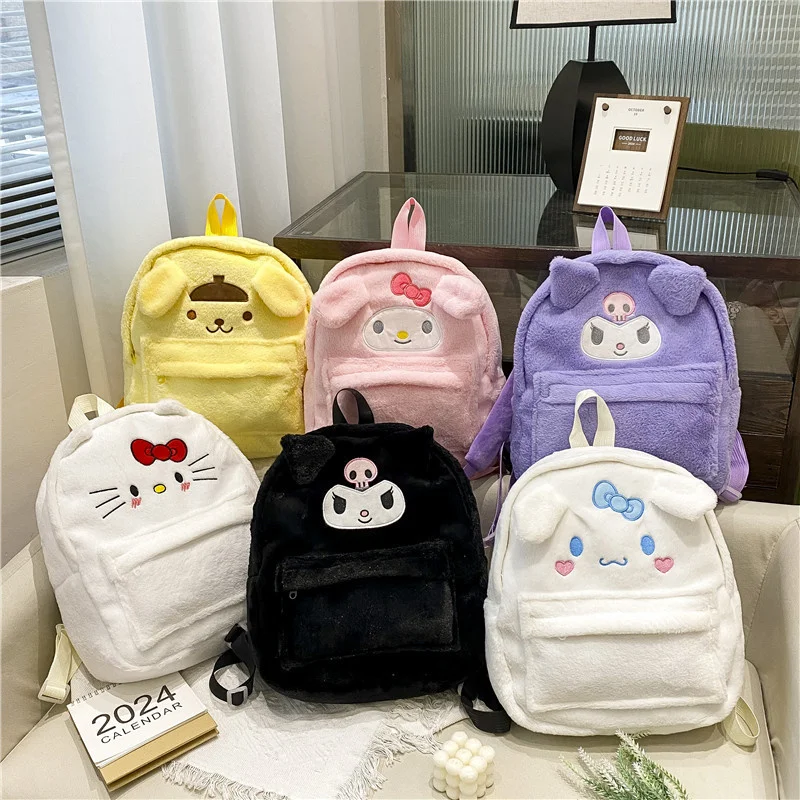 

New Sanrio Hello Kitty Plush Backpack Childrens Toy Bag Cute Kuromi Cinnamoroll My Melody Girl Plush Book Bag Birthday Gift