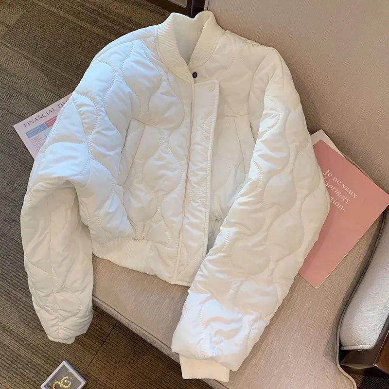 

EBAIHUI White Women's Cotton Coat New Korean Version Thickened Short Ladies Coat Autumn Winter Round Neck Loose Long Sleeve Top