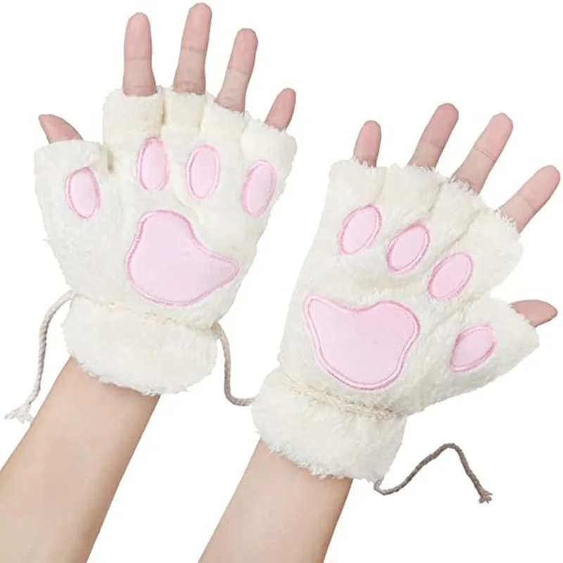 Girls Lovely Cat Claw Paw Plush Mittens Gloves Warm Soft Plush Short Fingerless Women Leisure Bear Cat Gloves Half Finger Gifts