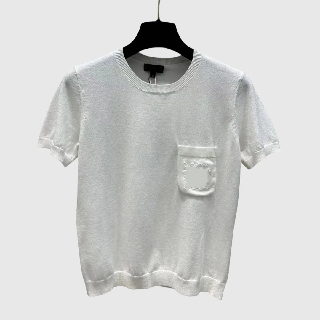 

Spring/Summer Women's T-shirt Pocket Embroidered Round Neck Top