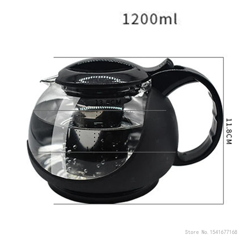 Black Clear Glass Tea Teapots, Heat Resistant Infuser, Tea Pot, Strainer Kettle, Teahouse Drinkware, Home Office, 1200ml, 1Pc
