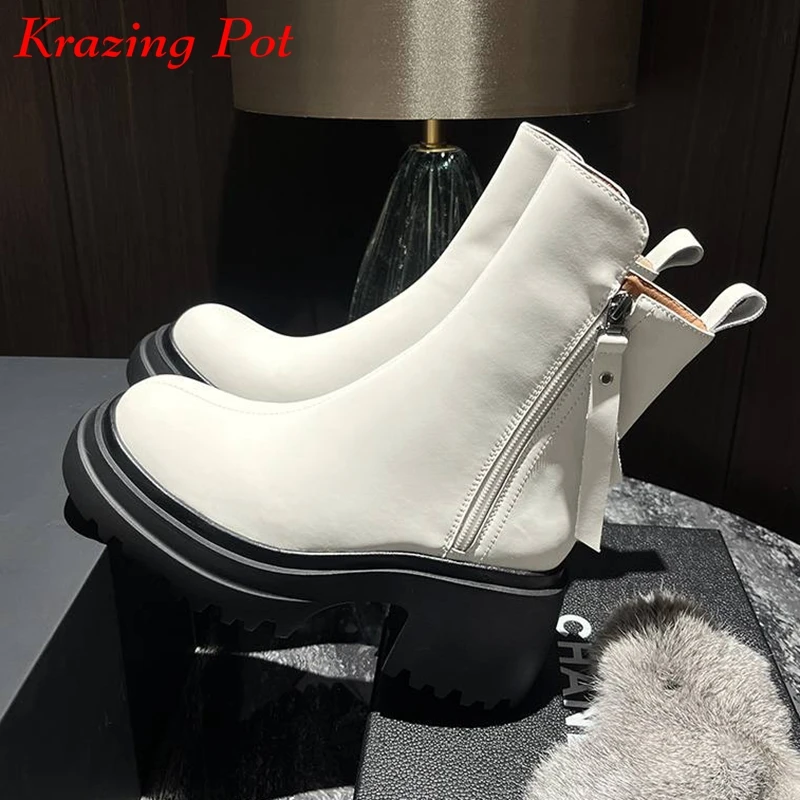 

Krazing Pot Chic 2024 Cow Leather Round Toe Thick Bottom Winter Keep Warm Motorcycle Boots Zipper Non-slip Superstar Ankle Boots