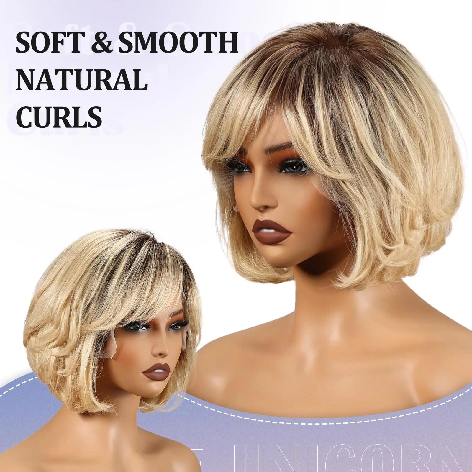 Blonde Remy Human Hair with Bangs Body Wave Short Bob Wigs Lace Frontal Wigs for White Women Daily Use 12 Inches Wavy Wigs Daily