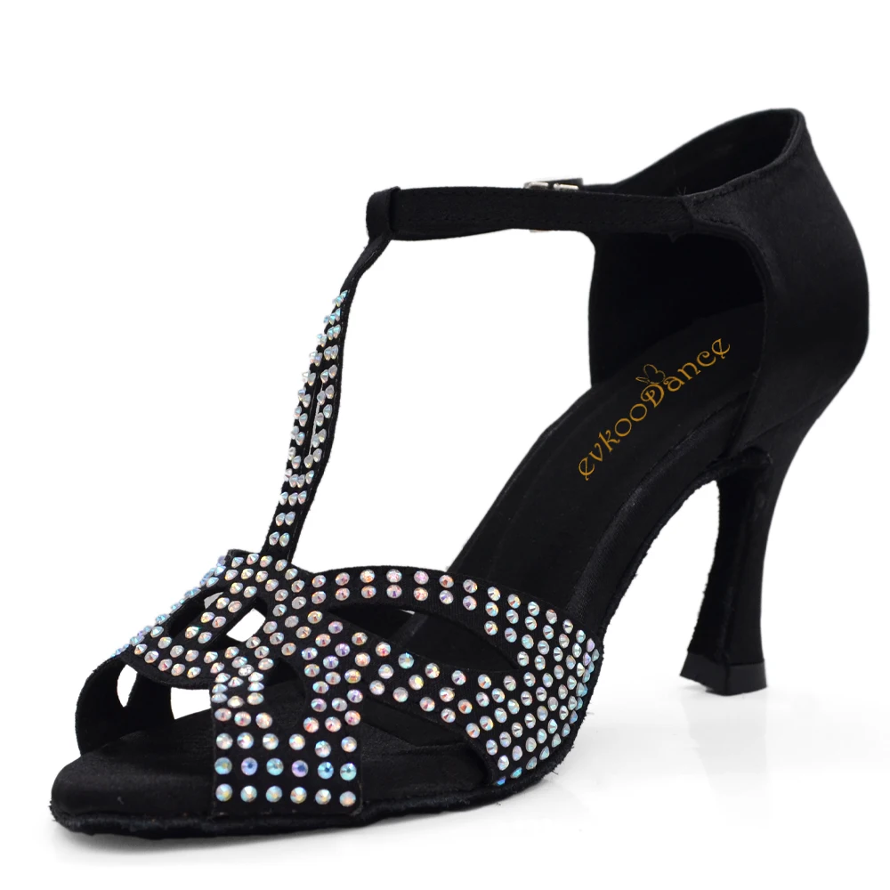 

2022 Practice DIY Rhinestone Latin Dance Shoes 9cm High Heeled Women Latin Salsa Ballroom Tango Shoes Black Girls Party Dancing