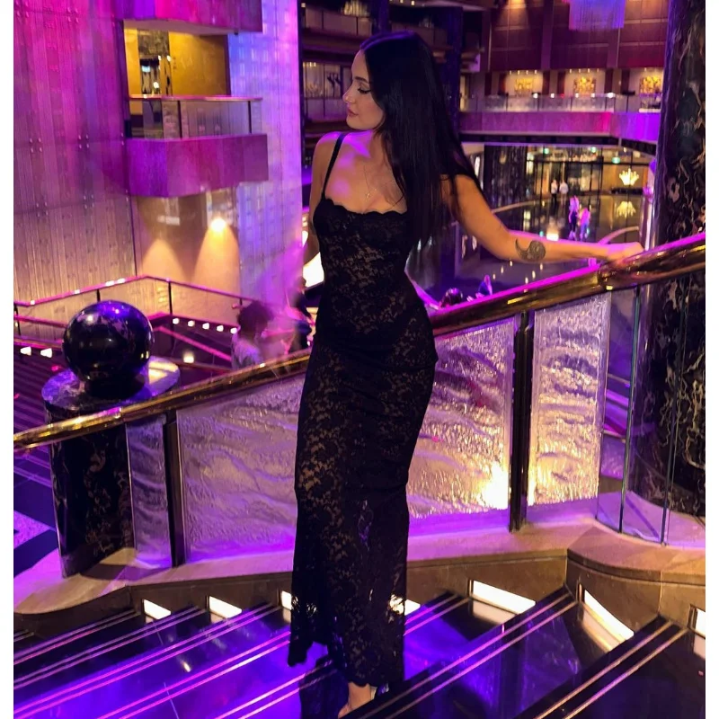 Lace Black Dress Female Slim Hollow Out Spaghetti Backless Dress Elegant Party Evening Gown Split Women Maxi Dress Summer