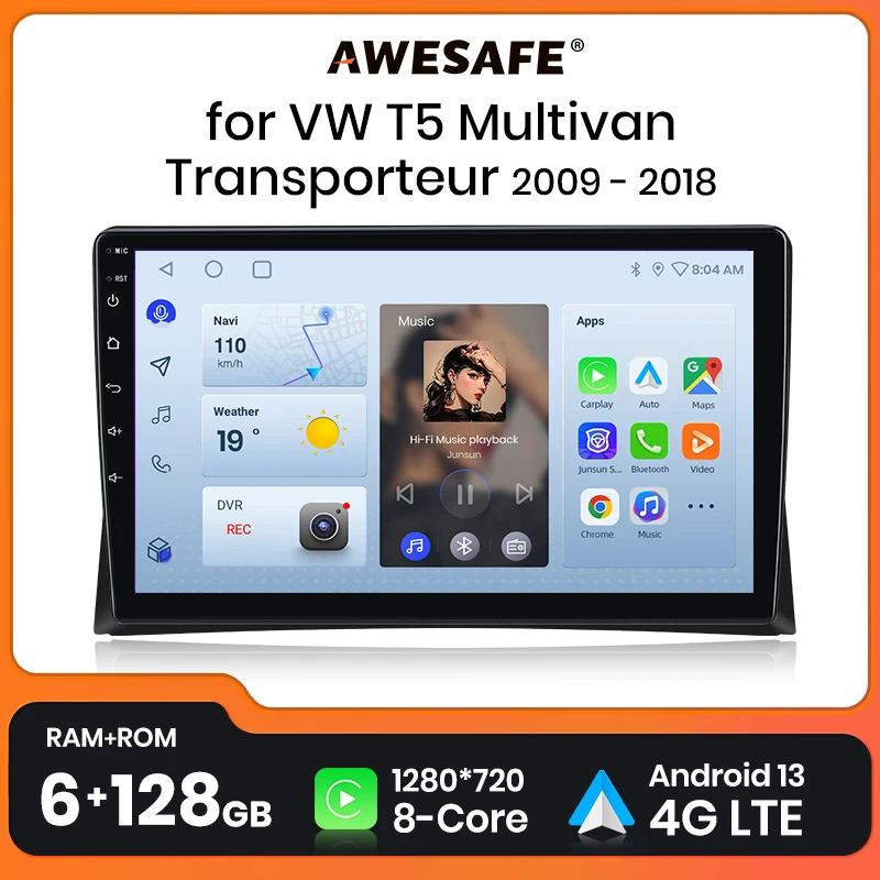 AWESAFE V1 AI Voice Wireless CarPlay Android Auto Radio For Multivan T5 2003-2015 4G Car Multimedia GPS 2din autoradio