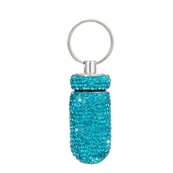 Sparkling Rhinestone Portable Waterproof Pill Case with Keychain (Light Blue)