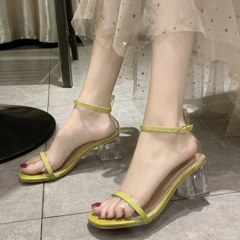 Women Sandals Peep Toe Thin Heels 11cm Buckle Strap Flock Female Shoes