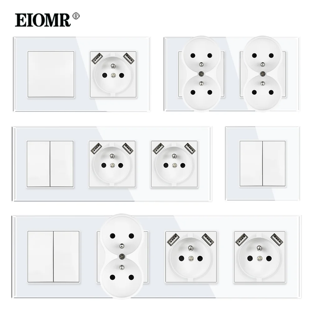 Eiomr-tomada de Parede Francesa Série Ga1 Combinação de Interruptor de Luz Usb Painel de Vidro Cristal Tomada de Parede Tripla Montada Tomada Quádrupla