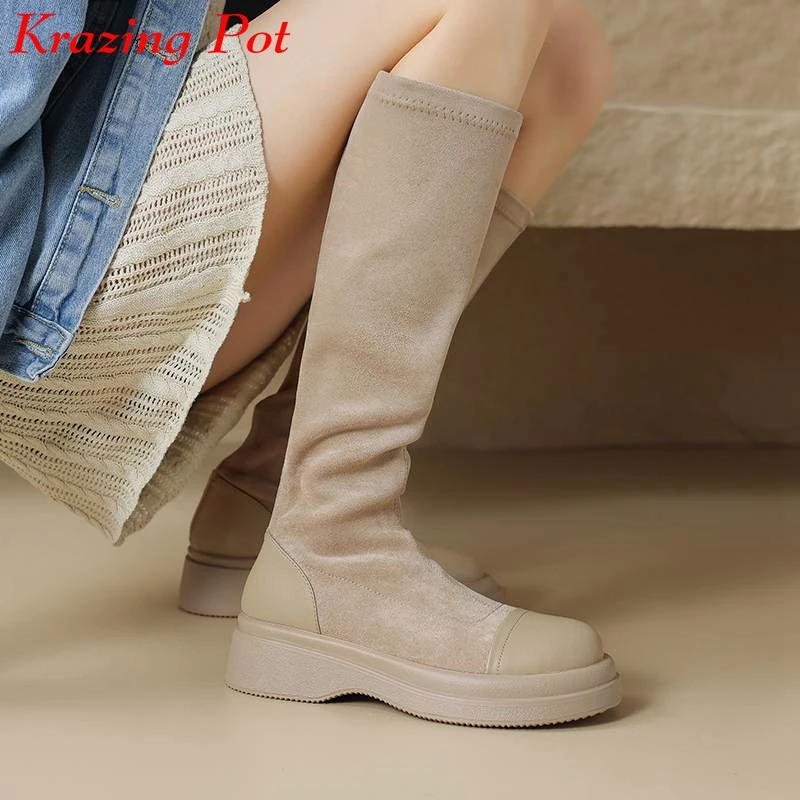 

Krazing Pot Microfiber Round Toe Winter Warm Stretch Boots Flock Med Heels Gladiator Plus Size Platform Slip On Thigh High Boots