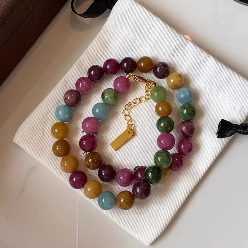 Colar feminino de turmalina colorida natural com contas de 8mm e corrente folheada a ouro 14K - foto 3